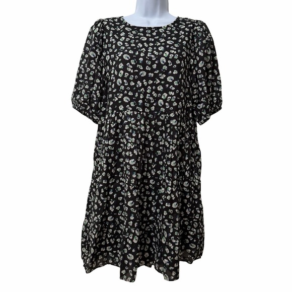 ba&sh Dresses & Skirts - BA&SH Beth Floral Tiered Puff Sleeve Mini Dress Size M Black Dark Cottagecore